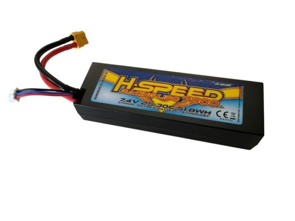 LiPo 7000mAh 7.4V 30C Hardcase Racing Akku H-SPEED mit XT60-Stecker und XH (139,5x47,5x25,1mm)